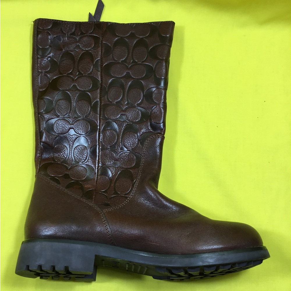 Coach Brown Leather Valentine Mid-Calf Logo-Embossed Boot with Gold-Zip SZ 8 - Picture 2 of 12